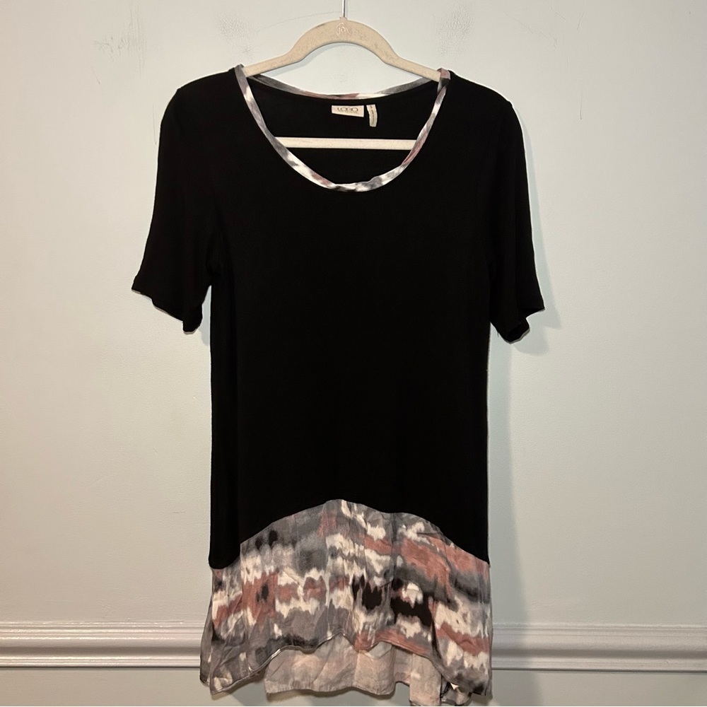 LOGO Black & Multi-Colored Tie-Dye Asymmetrical Short Sleeve Tunic Top Size S